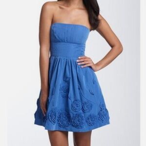 BCBGMAXAZRIA LARKSPUR BLUE TAFFETA COCKTAIL DRESS STRAPLESS WITH POCKETS SZ 2